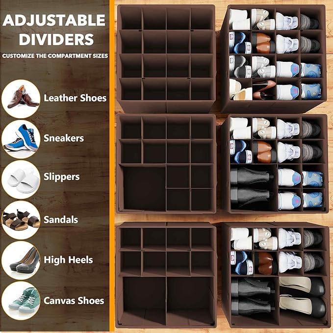 SpaceAid Shoe Organizer for Closet, 2 Pack Foldable Shoe Storage Containers Baskets Boxes Bins w/Adjustable Dividers, Fits 16