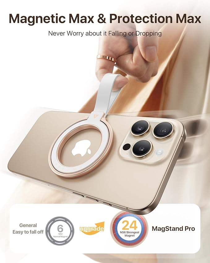 andobil [2026 Unrivaled Stability] Magnetic Phone Grip Holder for MagSafe Ring Stand Holder Kickstand Compatible with MagSafe Accessories for iPhone 17 Air 16 Pro Max Plus 15/14/13/12&Android,Rosegold