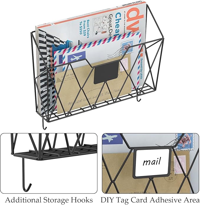 YBING Wall File Organizer Mesh Hanging Wall-mount Files Holder 6 Pack Hanging Wire Magazine Rack and Mail Holder with Hooks O