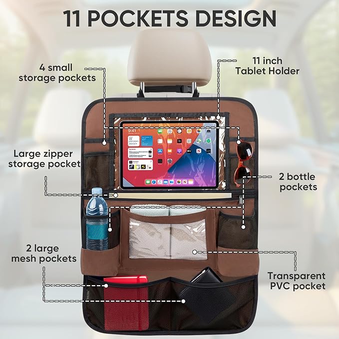 BALEINE Backseat Car Organizer, Back Seat Car Organizers and Storage, Kick Mats Back Seat Protector, Travel Accessories for Most Automotive (2 Pack, Mocha)