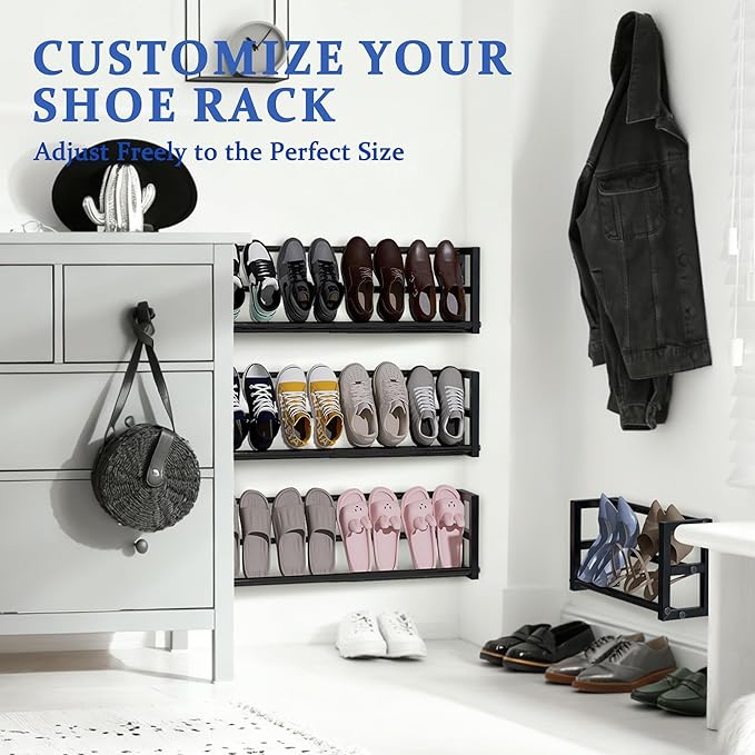 4 Pack Narrow Wall Mounted Shoe Rack for Small Spaces, Hanging Shoe Rack Holds 16 Pairs, 17"-30"Adjustable Heavy Duty Wall Sh