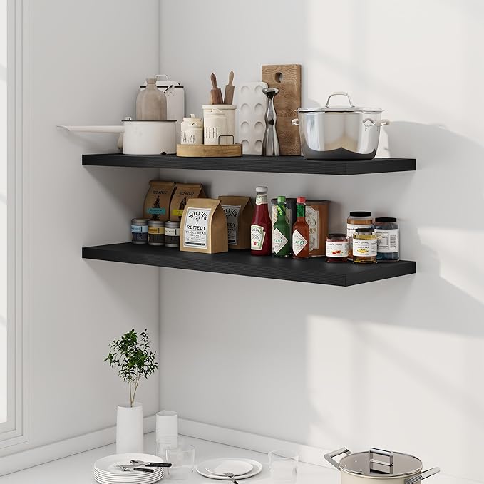 Dreamland 40" Floating Shelves for Wall, 12" Deep Slim Black Floating Shelves, Wall-Mounted Shelves for Bedroom, Living Room,