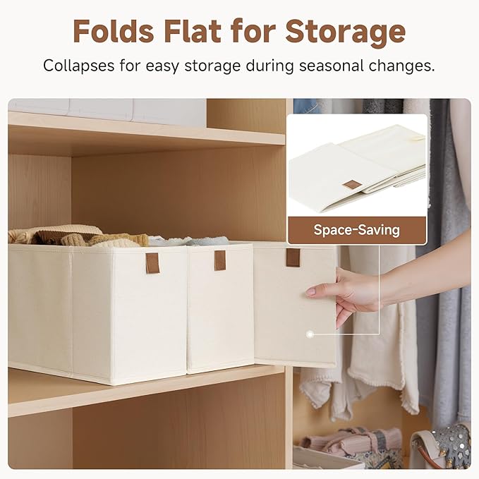 StorageWorks Fabric Storage Bins, Small Storage Bins with PU Handle, Decorative Narrow Baskets for Shelves, Ideal for Organiz