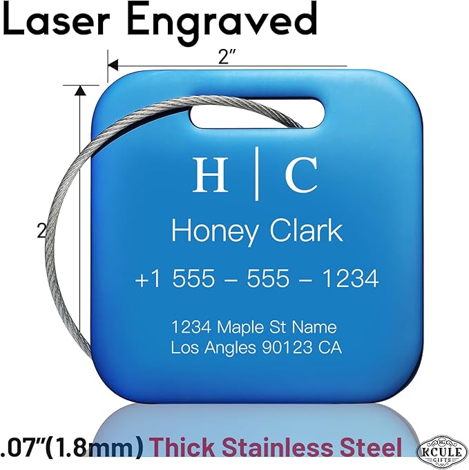 Stainless Luggage Tags for Suitcases 4 Pack: Metal Personalized Luggage Tags for Backpacks & Bags with Customizable Texts (Bl