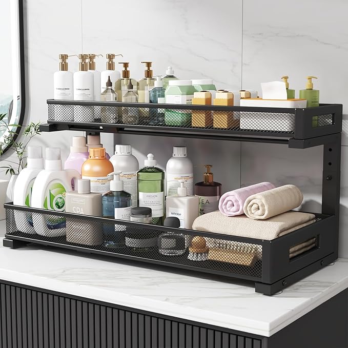 1 Pack 20.47IN Depth Under Sink Storage Organizer, Large 2-Tier Elegant Mesh Pull Out Shelf for Kitchen and Bathroom Cabinet 
