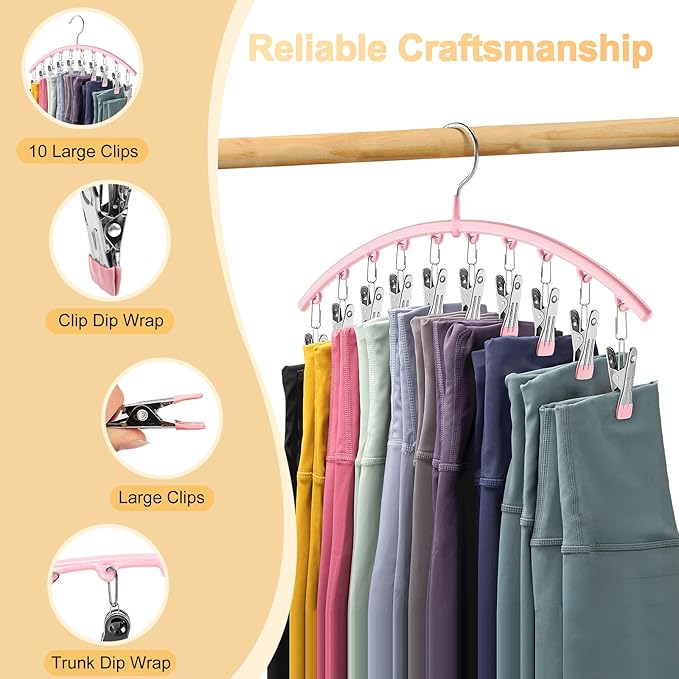 Legging Organizer for Closet, Metal Yoga Pants Hangers 2 Pack w/10 Clips Holds 20 Leggings, Space Saving Hanging Closet Organ