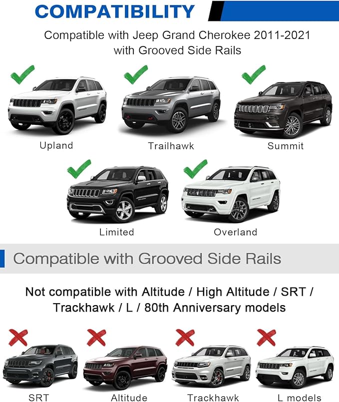 Heavy Duty 300lbs Lockable Roof Rack Cross Bars Compatible with Jeep Grand Cherokee 2011-2021 (with Grooved Side Rails), All-Metal Aluminum Crossbars Rooftop Cargo Bag Kayak Luggage