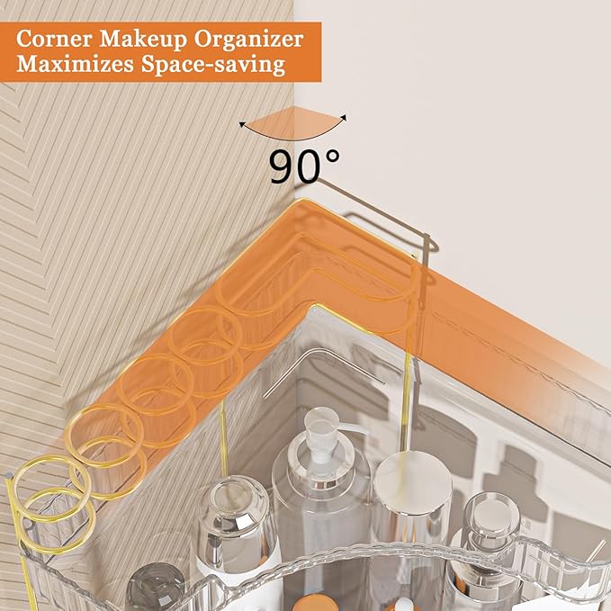 Webetop Corner Makeup Organizer for Vanity, 2 Tier Bathroom Cosmetics Organizer Countertop with Make up Brush Holder Corner C