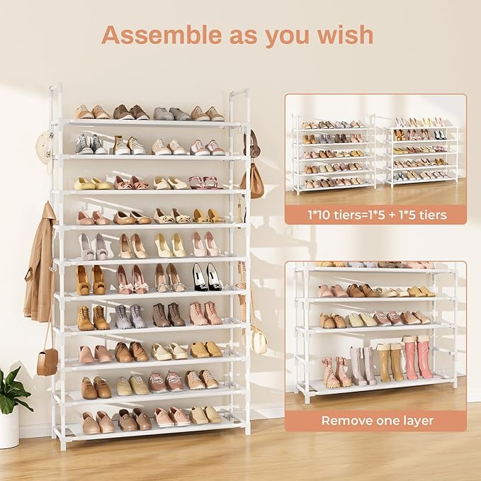 LANTEFUL Tall Shoe Rack 10 Tier Shoe Organizer Large Shoe Shelf with 18 Hooks Storage for 50 Pair Sneaker and Boot, Stackable