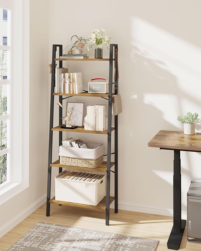 Hzuaneri Ladder Shelf, Bookshelf Bookcase, Freestanding Corner Storage Shelve with 2 Hooks for Home Office, Living Room, Kitc