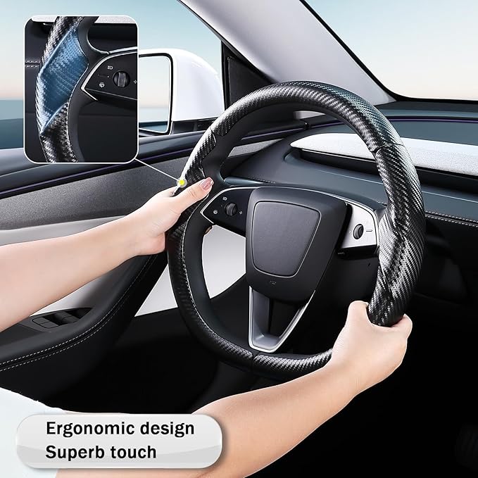 Steering Wheel Cover for Tesla Model 3 2024-Present Highland/Tesla Model Y Juniper 2025-Present, Carbon Fiber Steering Wheel Cover for Tesla Model 3 Highland/Y Juniper Accessories, Matte Black