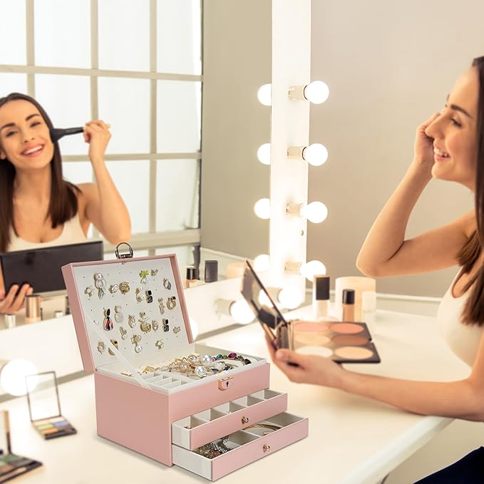 3-Layer Jewelry Box for Women, Jewelry Organizers and Storage with Removable Jewelry Tray, Vintage Quilted Top Lockable Jewel