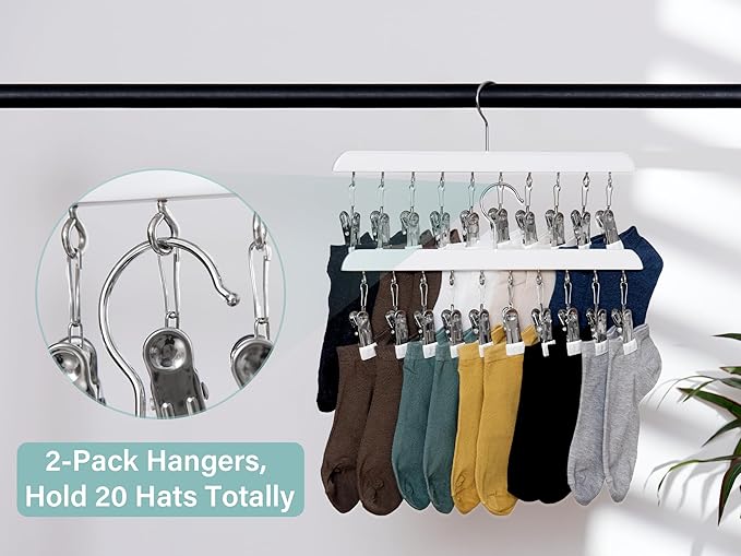 StorageWorks Hat Rack, Closet Organizer and Storage for Baseball Caps,Set of 2 with 10 Adjustable Stainless Steel Clips, Fits