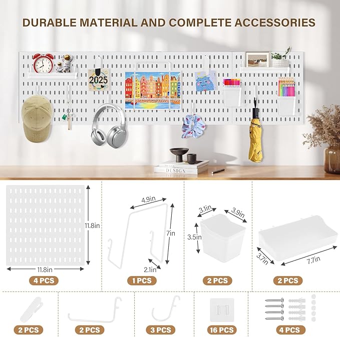 AKTOP Peg Board Wall Organizer 4-Pack – 12"x12" White Pegboard Combination Kit with 13 Accessories for Wall, Plastic Peg Boar