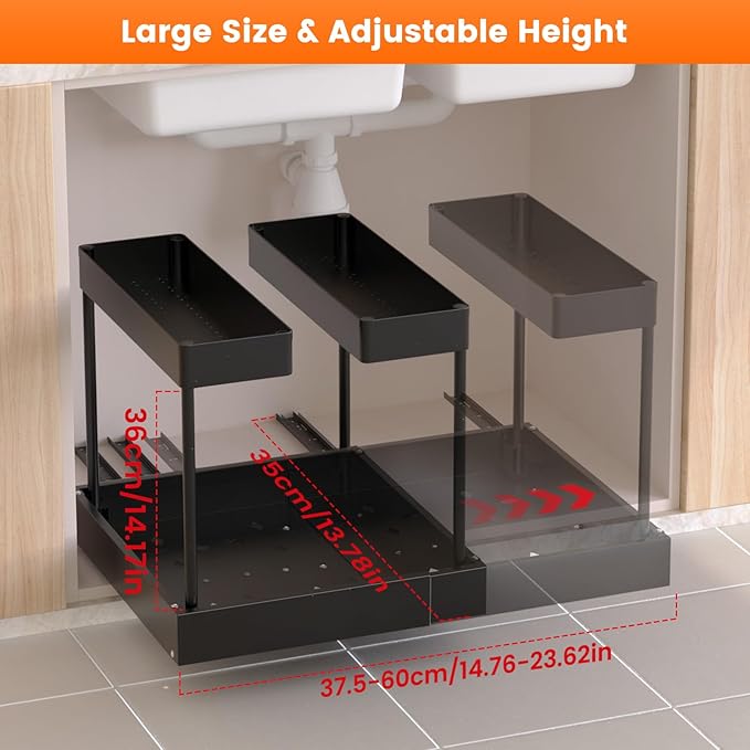 Expandable Under Sink Organizers and Storage,Width Adjustable (14.9-23.6IN),No Drill 2-Tier Pull Out Under Cabinet Organizer 