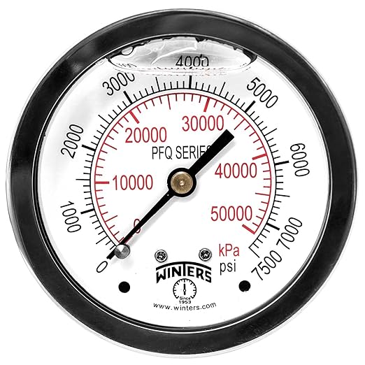 Winters 2-1/2" Dial Size, Liquid Filled Industrial Pressure Gauge, Brass Internals, Stainless Steel Case, Dual Scale 0-7,500 psi/kPa, 1.5% Acc, 1/4" NPT Back Mount, Glycerin Filled Pressure Gauge