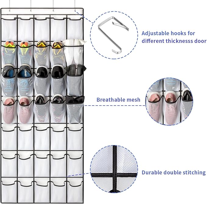SAVERHO 35 Pockets Over the Door Shoe Organizer, Hanging Shoe Organizer for Door with 35 Mesh Pockets Large Capacity Shoe Han