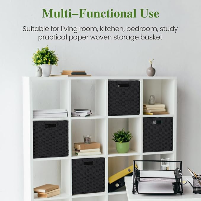 Woven Wicker Storage Baskets 2-Pack, 11x11 Handwoven Paper Rope Organizer Bins, Foldable Cube Storage Cubes with Built-in Han