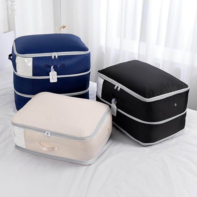 Comforter Storage Bag - Large Capacity Blanket Storage Bags 3-Layer Ultra Space Saving Self Compression Organizer, Washable C