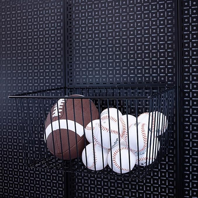 OmniWall Large Wire Basket (16" x 8" x 12") - Heavy Duty Metal Storage Basket with Secure Vertical Slot & Round Hole Mounting