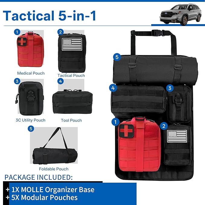 Tactical Car Seat Back Truck Organizer With Detachable MOLLE Pouches Universal for SUV Vehicle Nylon Storage Panel Seat Organizer for Overlanding, Camping & Emergency Gear(6 Pack Black)
