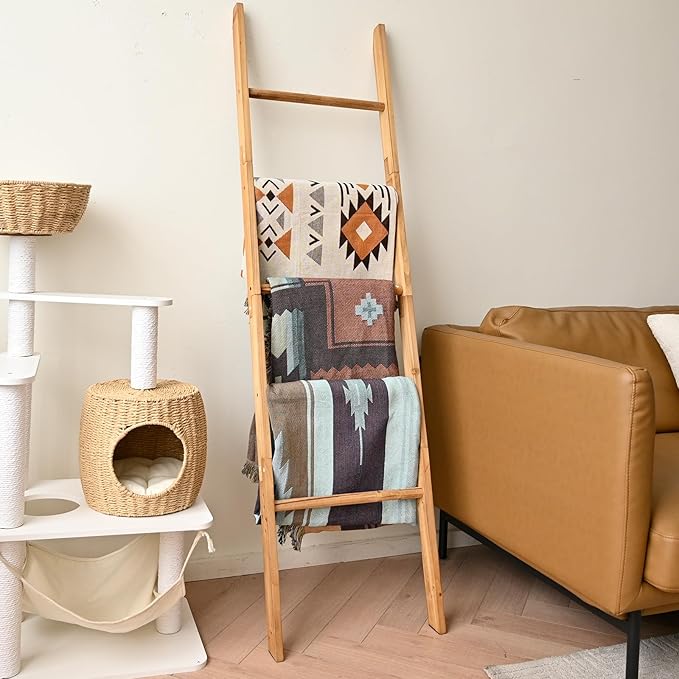 FUIN 63inch Wooden Blanket Ladder, Wood Towel Ladder, Rustic Decorative Ladder for Blankets, Farmhouse Quilt Rack for Living 