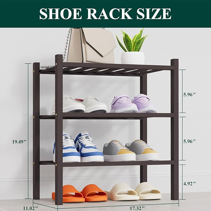 Smiry Shoe Rack, 3 Tier Thick Small Bamboo Shoe Organizer, Stackable Free Standing Wooden Shoe Storage Shelf for Closet, Entr