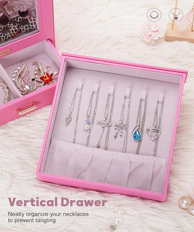 Homde Jewelry Organizer Girls Women Jewelry Box for Necklaces Rings Earrings Gift Bracelets Storage Case(Pink + Gold)