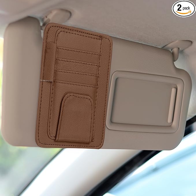 HARFINGTON 2Pcs Car Sun Visor Organizer 6.02" x 4.76" Leather Multi-Pocket Visor Card Sleeve Pocket Car Truck SUV Interior Storage Pouch for Driving License Credit Card Bill Sunglasses, Brown