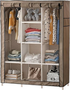 DivaDee Portable Wardrobe Closet with Cover – Freestanding Clothes Organizer with 8 Storage Shelves & Dual Hanging Rods – Spa