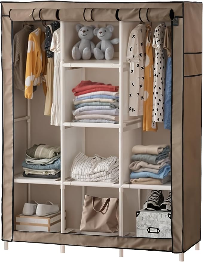 DivaDee Portable Wardrobe Closet with Cover – Freestanding Clothes Organizer with 8 Storage Shelves & Dual Hanging Rods – Spa