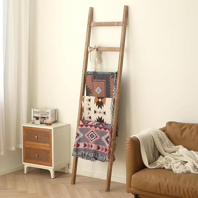FUIN 6.4ft Extra Wide Wooden Blanket Ladder Living Room Decorative Wal Leaning Farmhouse Quilt Display Holder Rustic Wood Tow