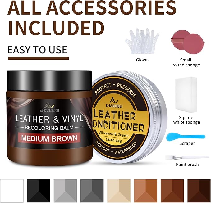 Leather Recoloring Balm with 100ml Mink Oil, Medium Brown Leather Repair Kit and Scratch Remover for Furniture, Car Seats, So