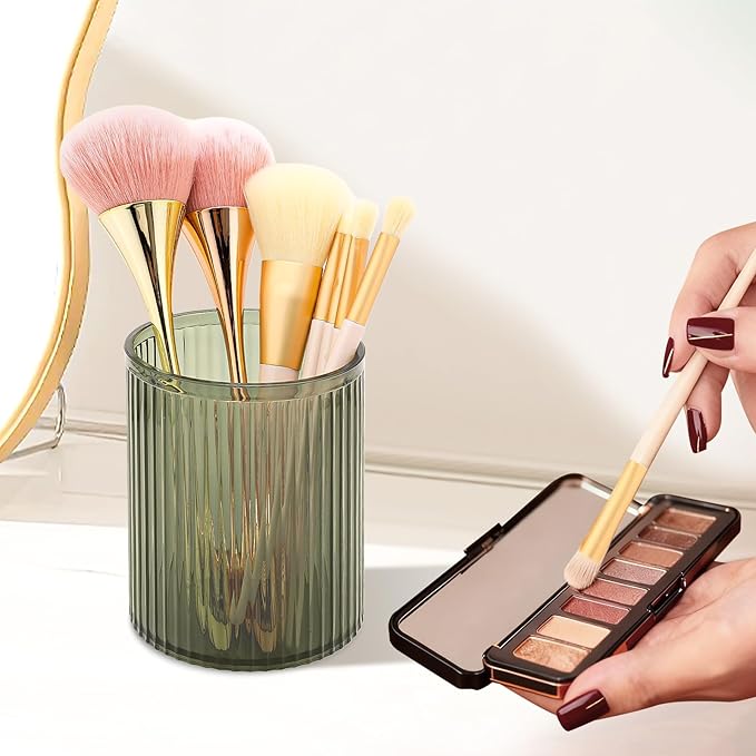 DASITON Makeup Brush Holder Organizer, Acrylic Makeup Brush Cup, Vintage Striped Make Up Brush Holder for Vanity, Bathroom Co