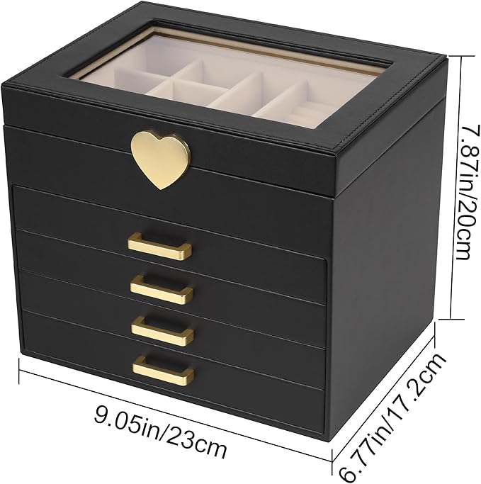 Kendal Jewelry Box, 5-Layer Jewelry Organizer Box with Glass Lid, Black, Heart Shaped PU Leather, Storage Box for Necklace Ea
