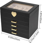 Kendal Jewelry Box, 5-Layer Jewelry Organizer Box with Glass Lid, Black, Heart Shaped PU Leather, Storage Box for Necklace Ea
