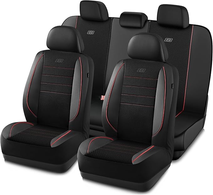 Skechers Air-Cooled Memory Foam Seat Covers,Mesh Thick Car Seat Covers,Piping Leather Car Seat Cover Full Set,Airbag Compatib