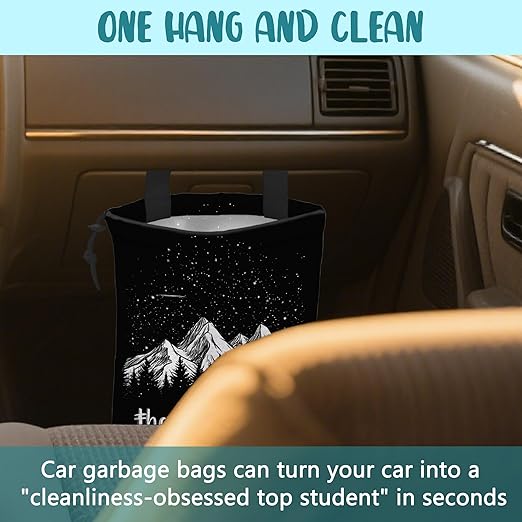 Mountains and Stars Car Garbage Bag The Adventure Begins Drawstring Car Trash Bag Hanging for Back Seat with Adjustable Buckle Canvas Vehicle Trash Can Easy-to-Install