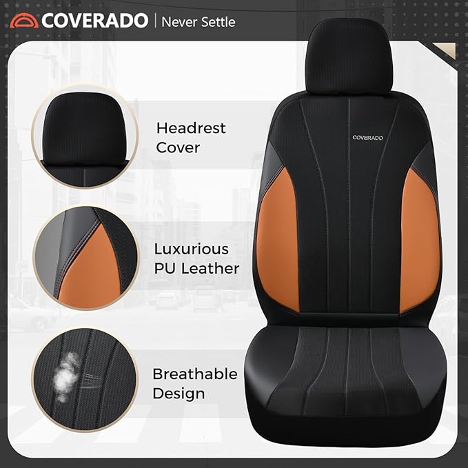 Coverado Seat Covers for Car, Leather Automotive Car Seat Covers 5 Seats, Mesh Breathable Auto Seat Protectors, Brown Seat Co