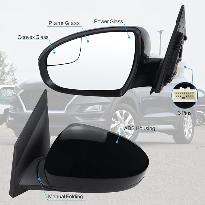 Left Driver Side Mirror Compatible With 2019 2020 2021 Hyundai Tucson With Manual folding Power glass Black Replace #87610D3990(3Pins)