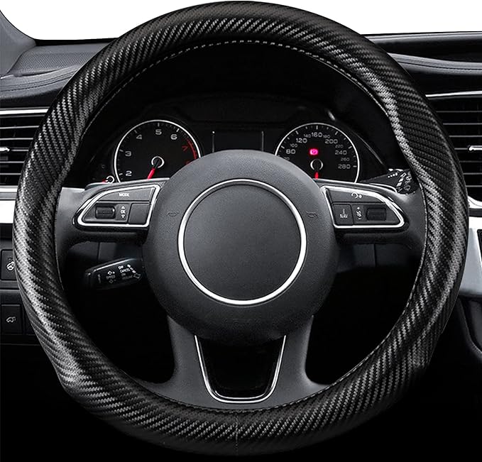 Ergocar Carbon Fiber Material Steering Wheel Cover Anti-Slip Breathable Sweat Absorbent Fashionable Sport Steering Wheel Sleeve for the Round Shape with Diameter of 15"（37.5-38cm）-Black