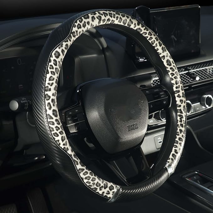KAFEEK Cream Leopard Steering Wheel Cover for Women, Universal 15 Inch Soft Microfiber Leather Car Wheel Protector, Aesthetic