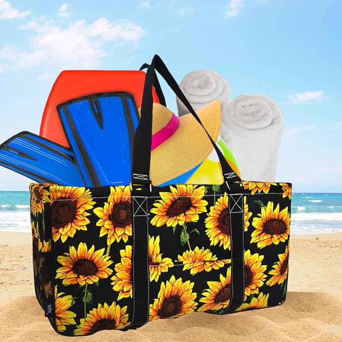 NGIL Extra Large Utility Tote Reusable Grocery Organizing Bag Oversized Collapsible for Storage, Picnic,Car, Beach (Sunflower-black)
