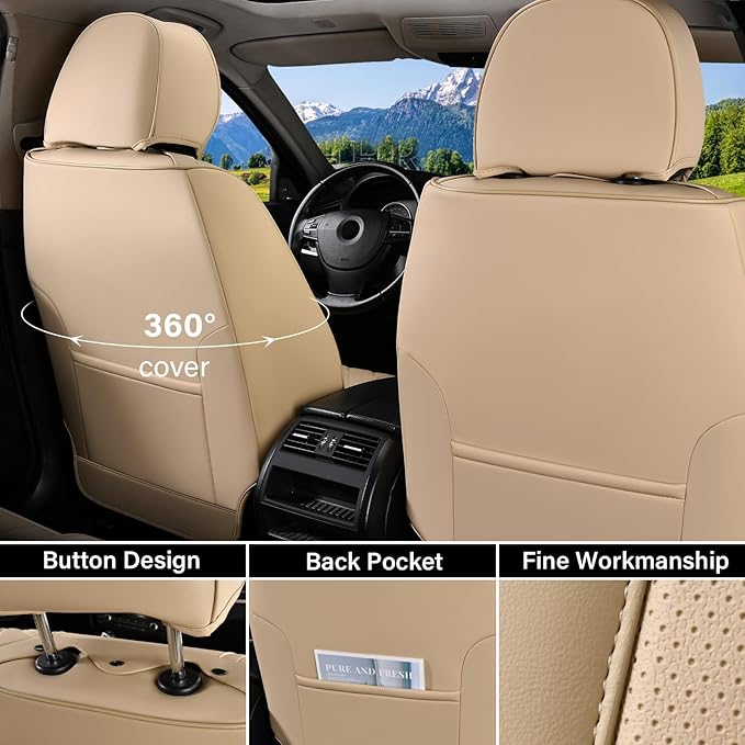 Coverado Seat Covers, Car Seat Covers Front Seats, Beige Nappa Leather Car Seat Covers, 2 Pack Waterproof Front Seat Covers, 