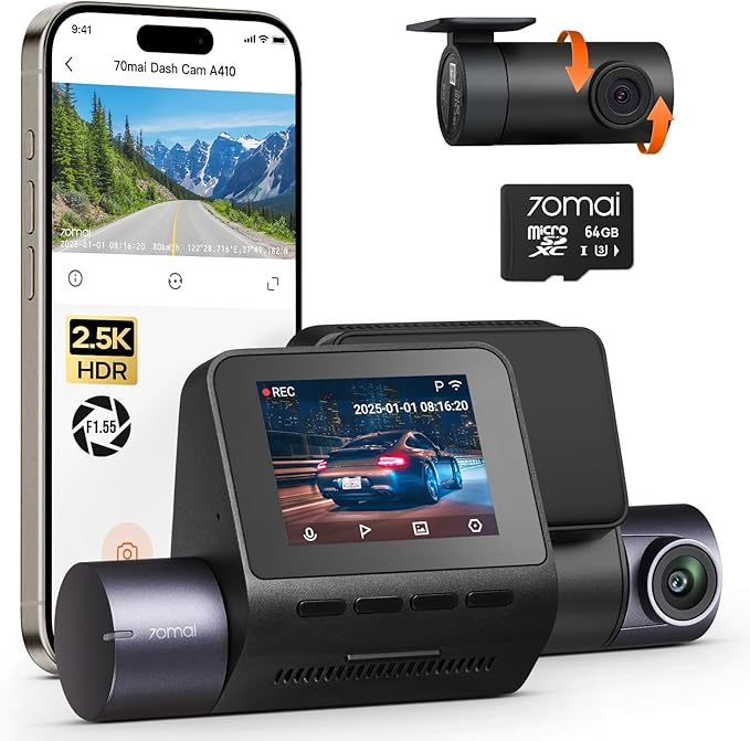 70mai Dash Cam Front and Rear - 2.5K+1080P Dual Dash Camera with HDR, Super Night Vision, F1.55 Aperture, 24H Parking Mode, B