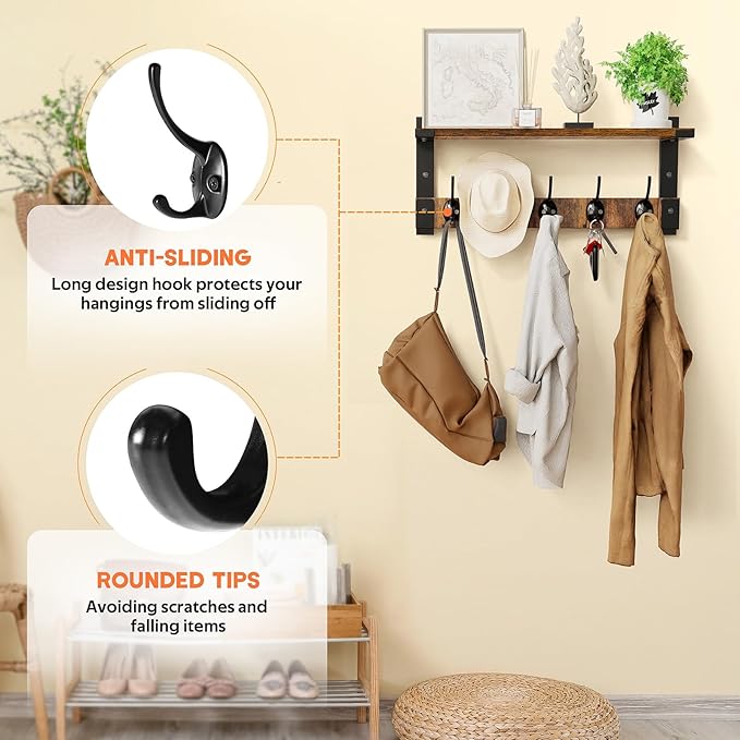 Oraich Wall Hooks with Shelf, Coat Rack Wall Mount for Coat Backpack Key Clothes Hanger, Wall Floating Shelf Hanging in Entry