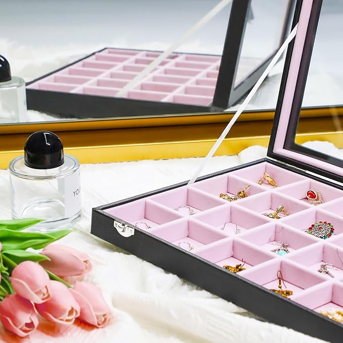 Stratalife Earring Organizer Velvet Jewelry Organizer Box Jewelry Display Storage Tray Ring Case with Clasp for Women 24 Grid