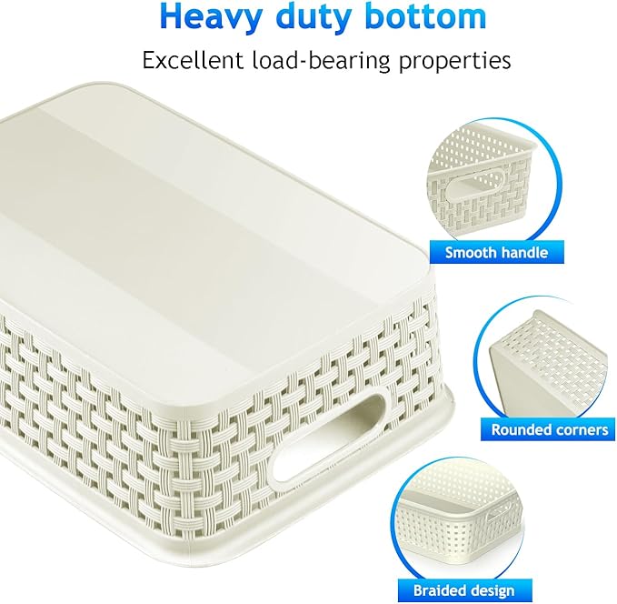 FUCDTEFC White Plastic Basket, 8 Pack Home Organization and Storage Baskets with Handles, Space Saving Woven Organizer Bins P