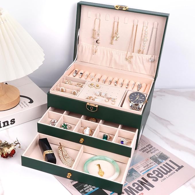 Jewelry Organizer Box PU Leather Double-Layer Pull-Out Drawer & Multiple Compartments - Premium Jewelry Storage for Necklaces