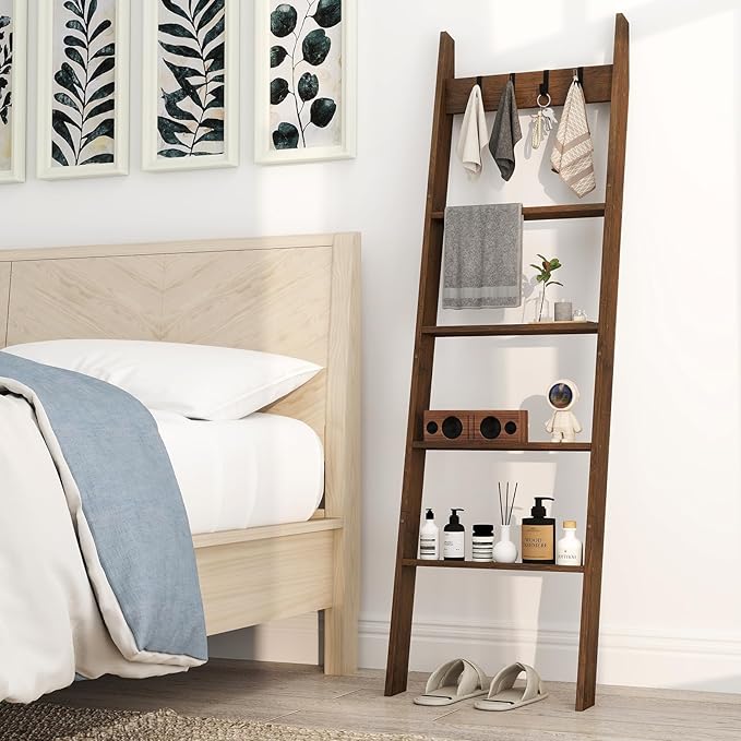 GOFLAME 5-Tier Blanket Ladder, 58.5” Bamboo Decorative Ladder Shelf with 4 Removable Hooks and 4 Deep Rungs, Wall Leaning Far